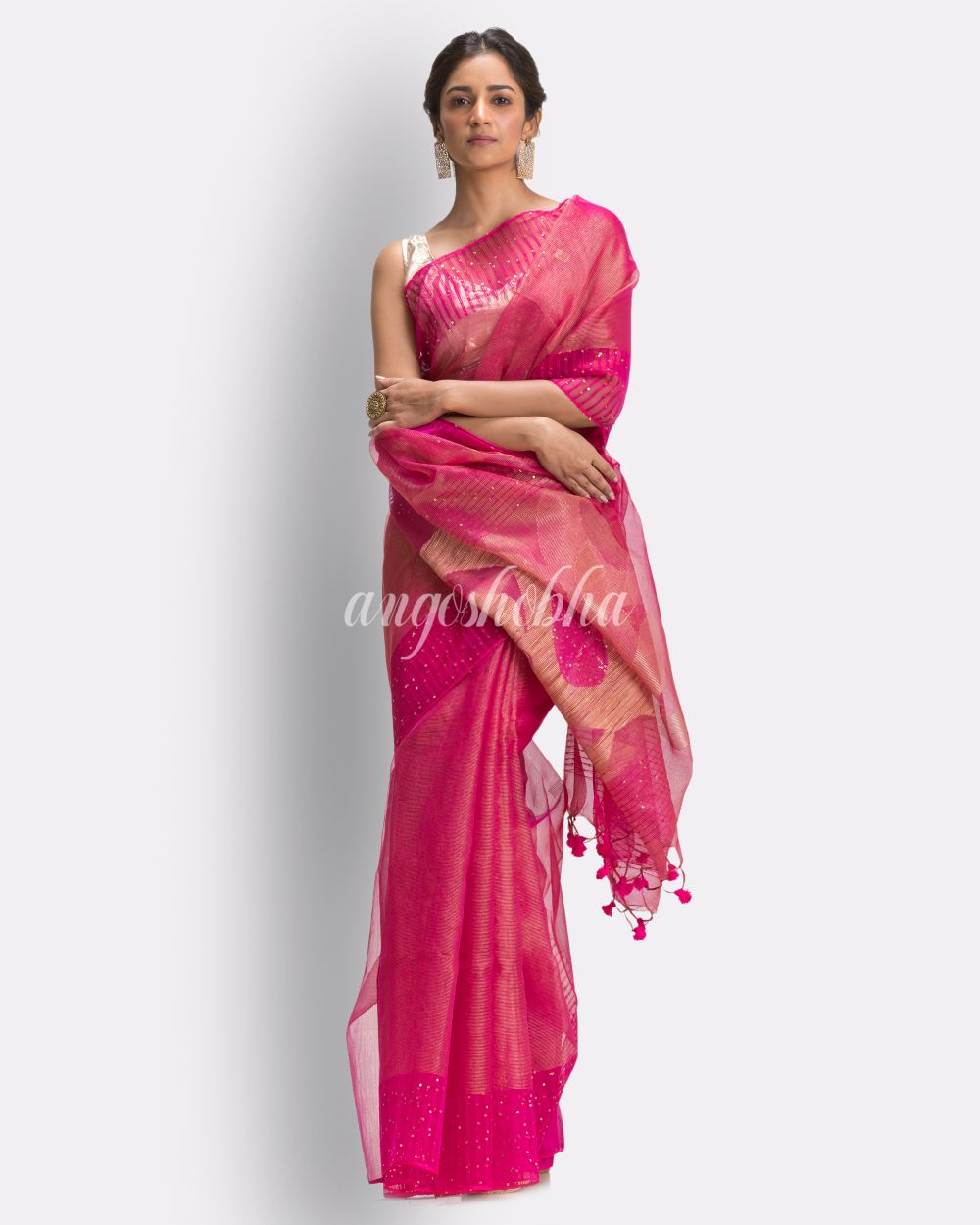 Rani Pink Art Silk Muslin Handloom Jamdani Saree angoshobha