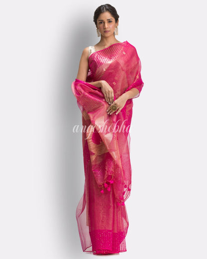 Rani Pink Art Silk Muslin Handloom Jamdani Saree angoshobha