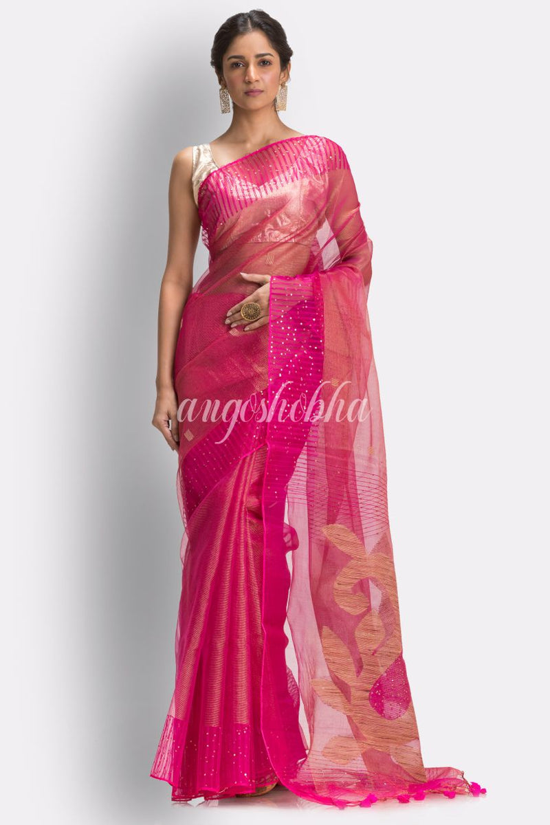 Rani Pink Art Silk Muslin Handloom Jamdani Saree