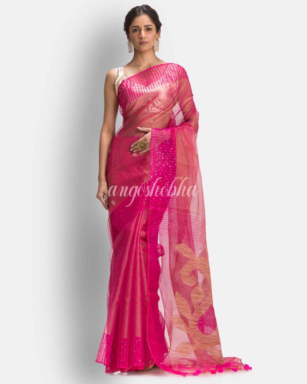 Rani Pink Art Silk Muslin Handloom Jamdani Saree angoshobha