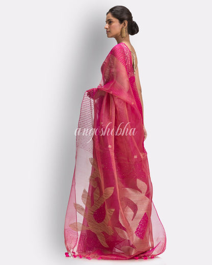 Rani Pink Art Silk Muslin Handloom Jamdani Saree angoshobha