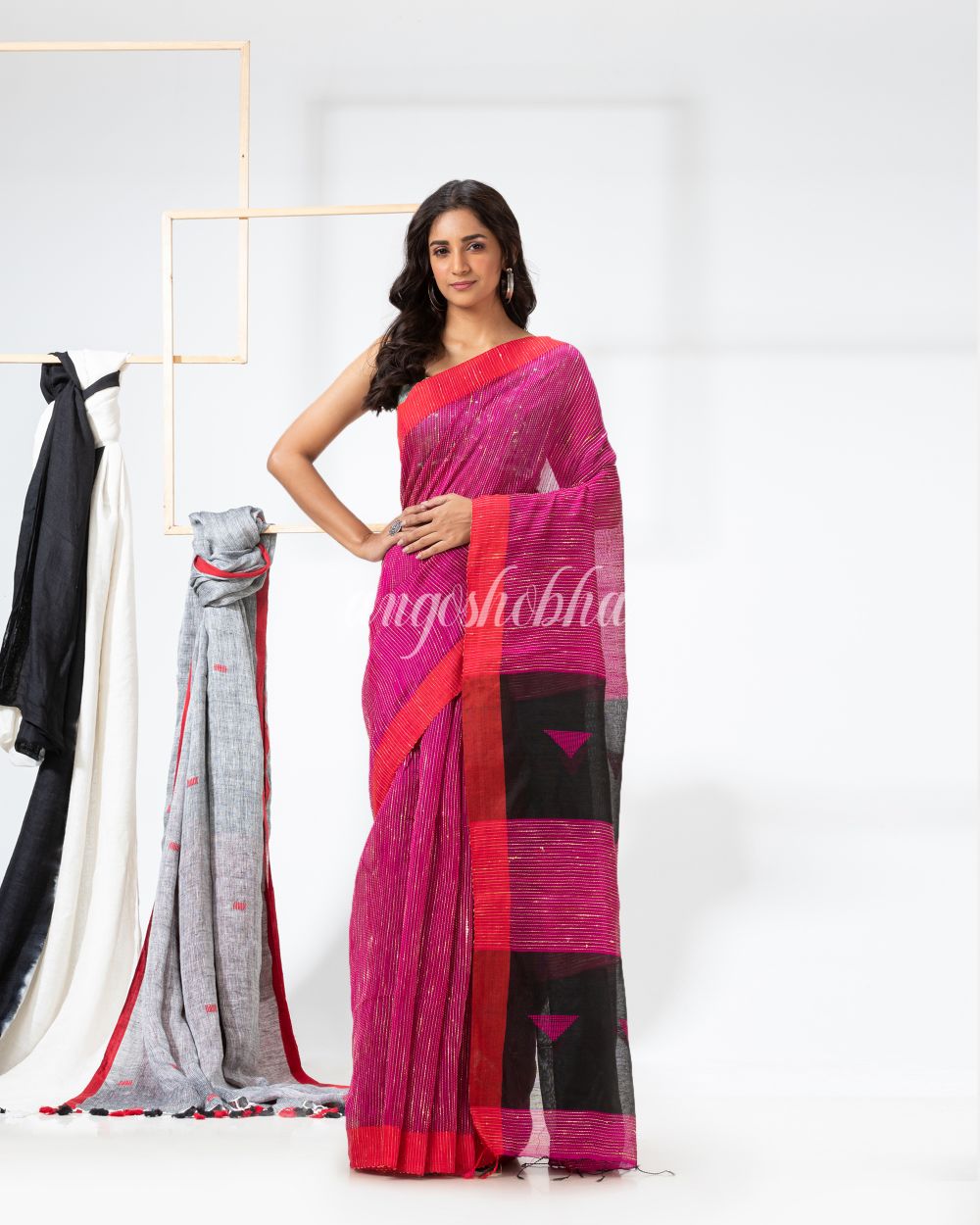 Rani Pink Cotton Blend Festive Handloom Saree angoshobha