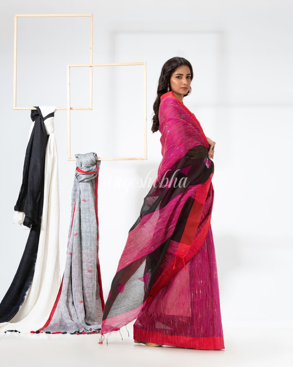 Rani Pink Cotton Blend Festive Handloom Saree angoshobha