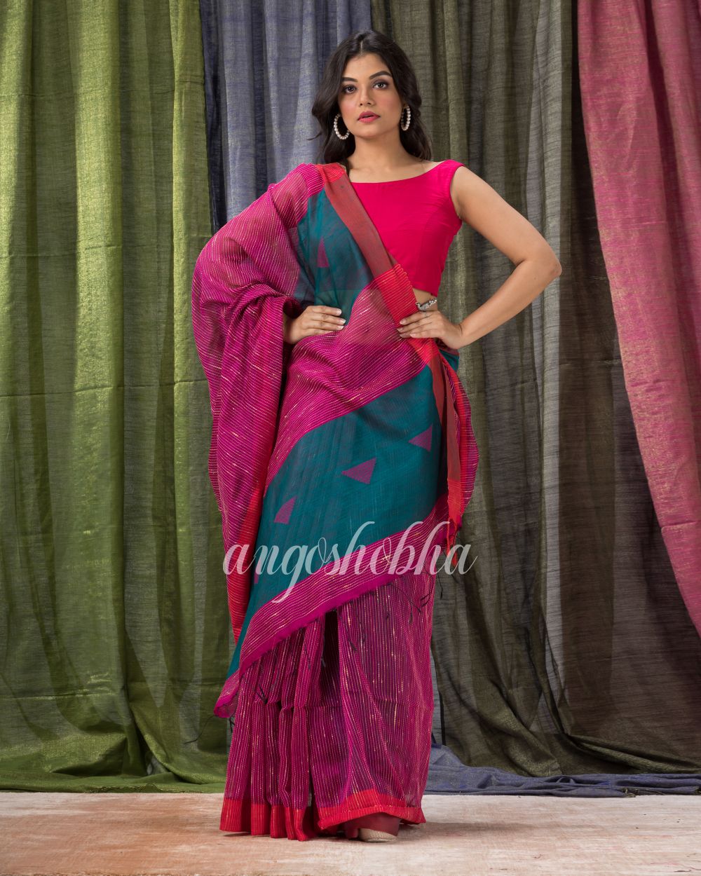 Rani Pink Cotton Blend Festive Handloom Saree angoshobha
