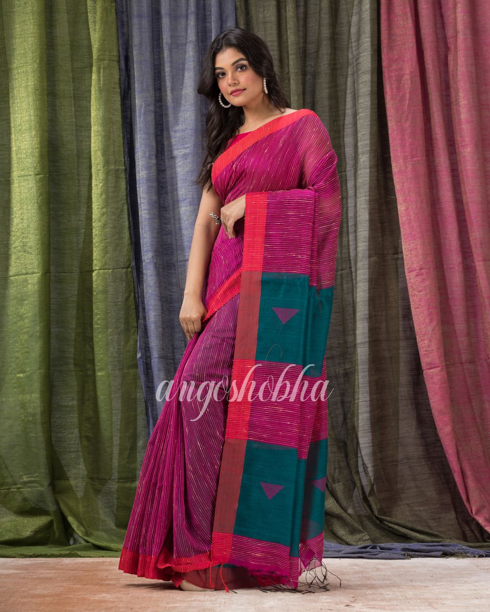 Rani Pink Cotton Blend Festive Handloom Saree angoshobha