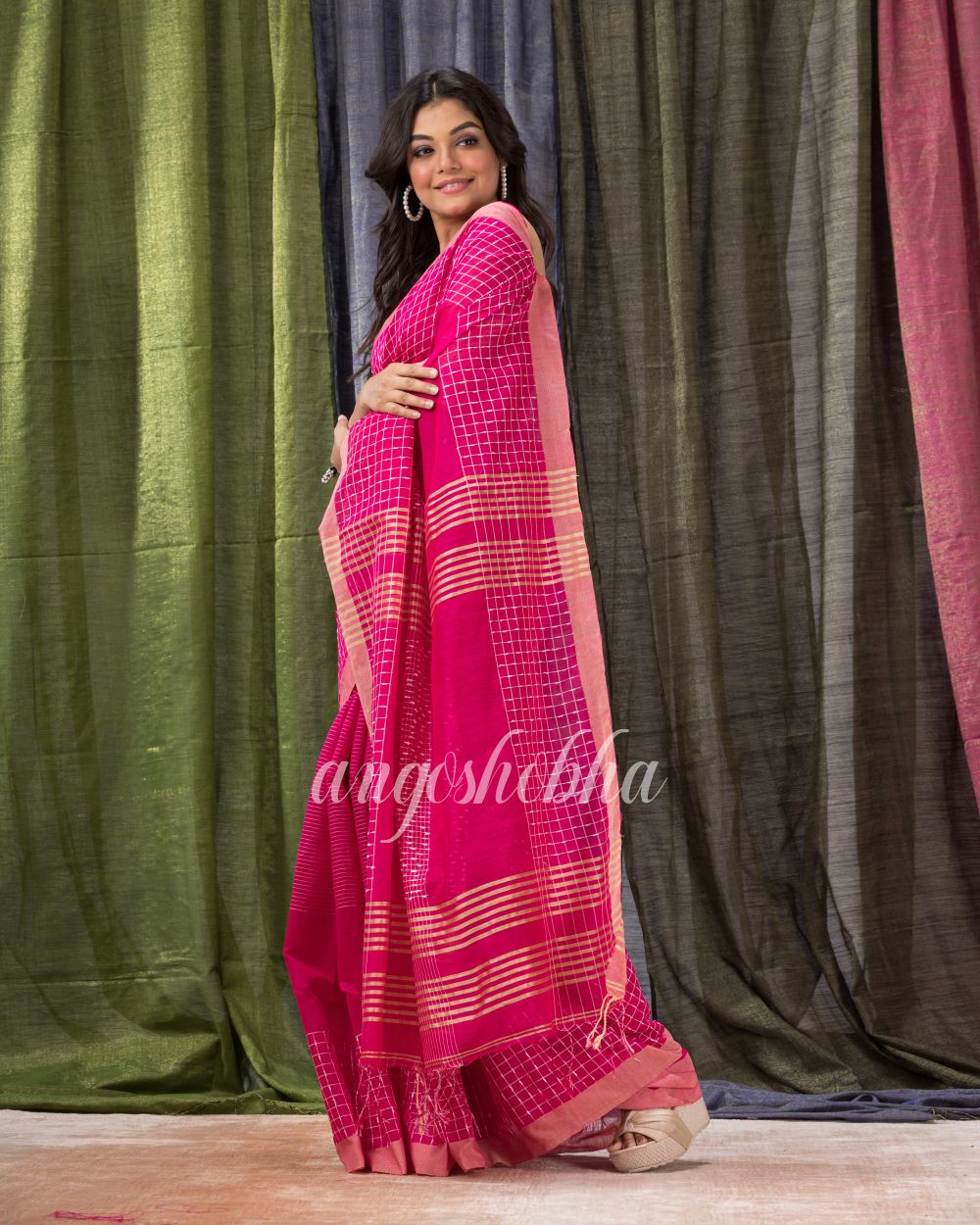Rani Pink Cotton Blend Festive Handloom Saree angoshobha