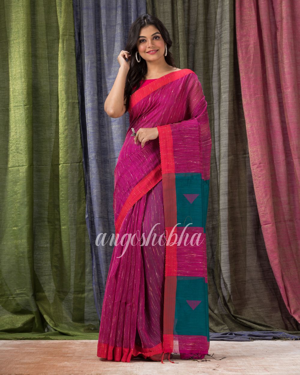 Rani Pink Cotton Blend Festive Handloom Saree angoshobha