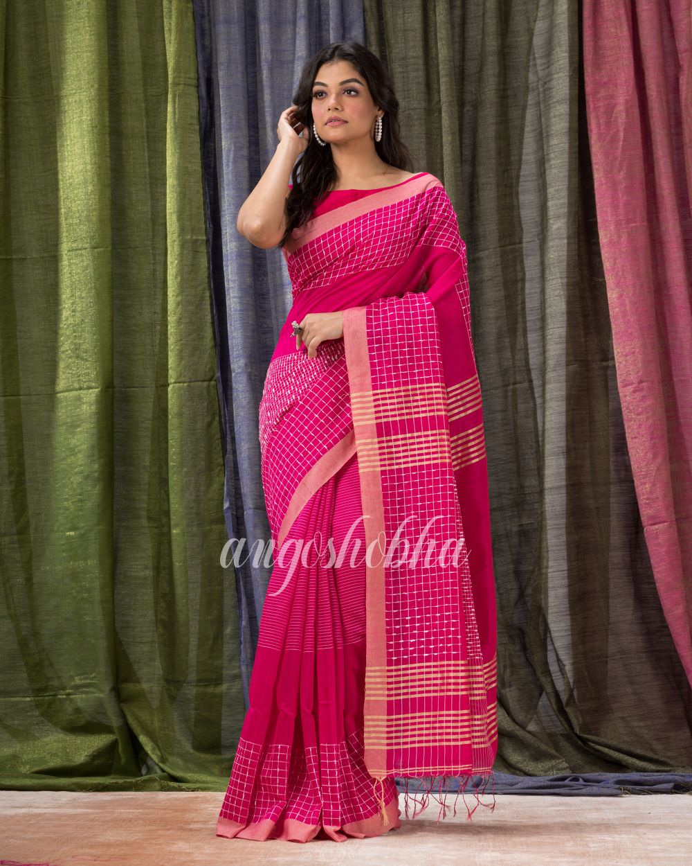 Rani Pink Cotton Blend Festive Handloom Saree angoshobha