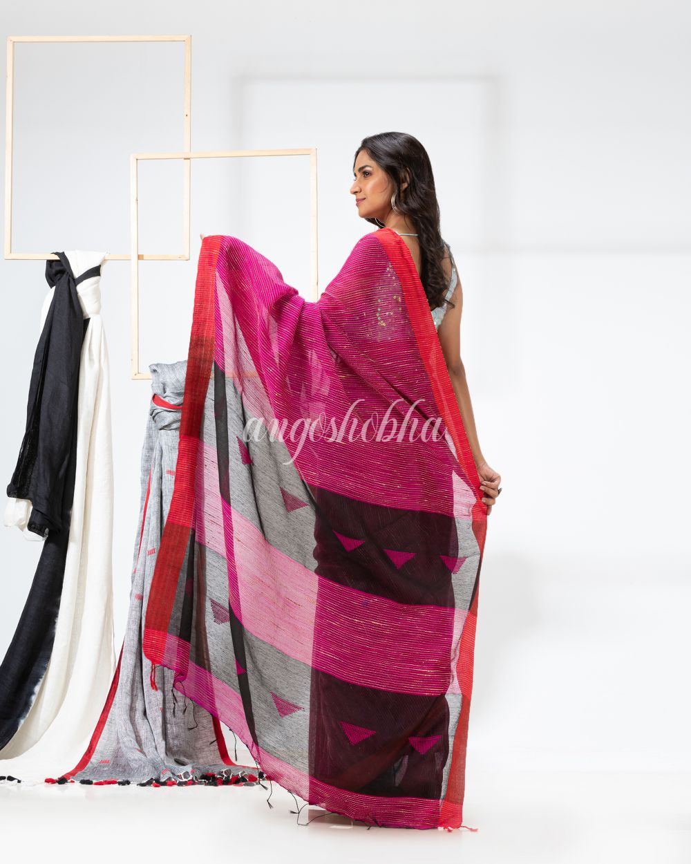 Rani Pink Cotton Blend Festive Handloom Saree angoshobha