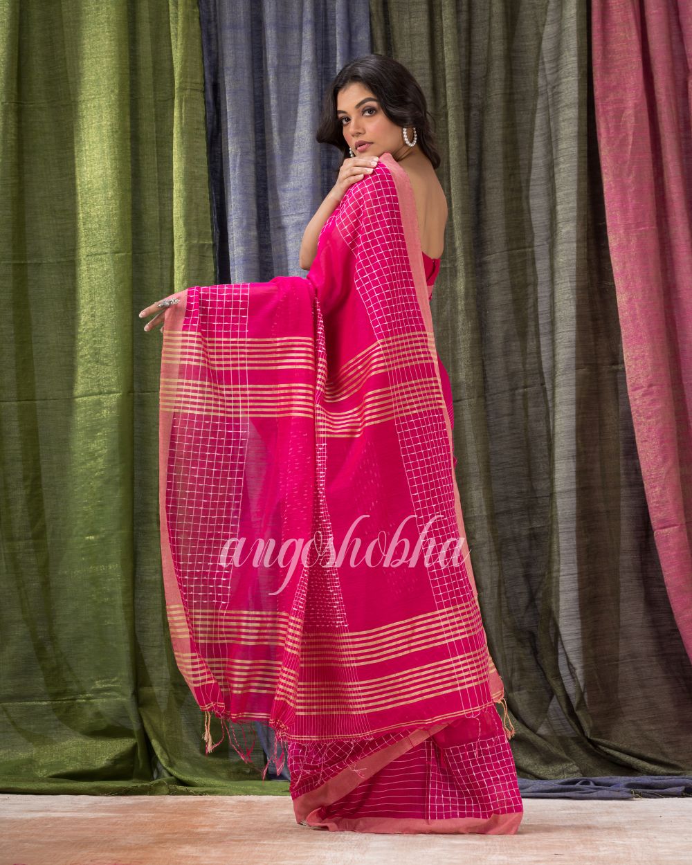 Rani Pink Cotton Blend Festive Handloom Saree angoshobha