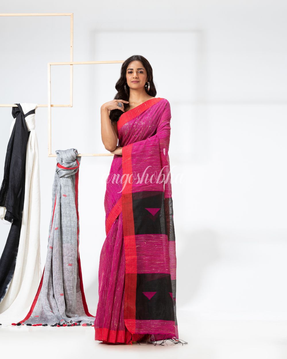 Rani Pink Cotton Blend Festive Handloom Saree angoshobha