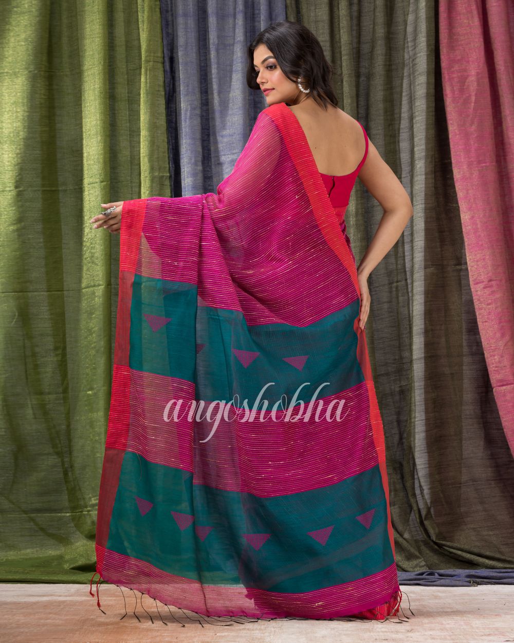 Rani Pink Cotton Blend Festive Handloom Saree angoshobha
