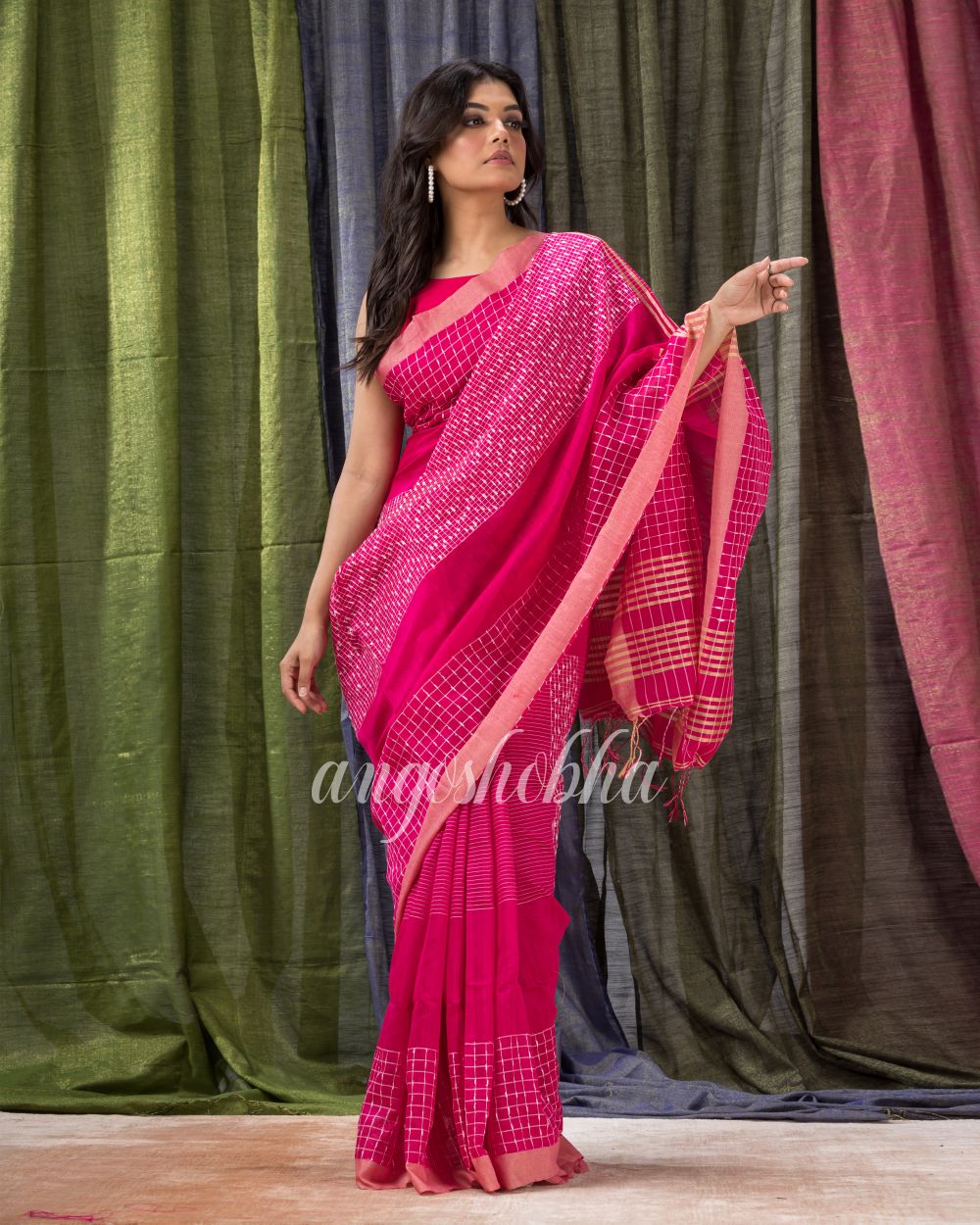 Rani Pink Cotton Blend Festive Handloom Saree angoshobha