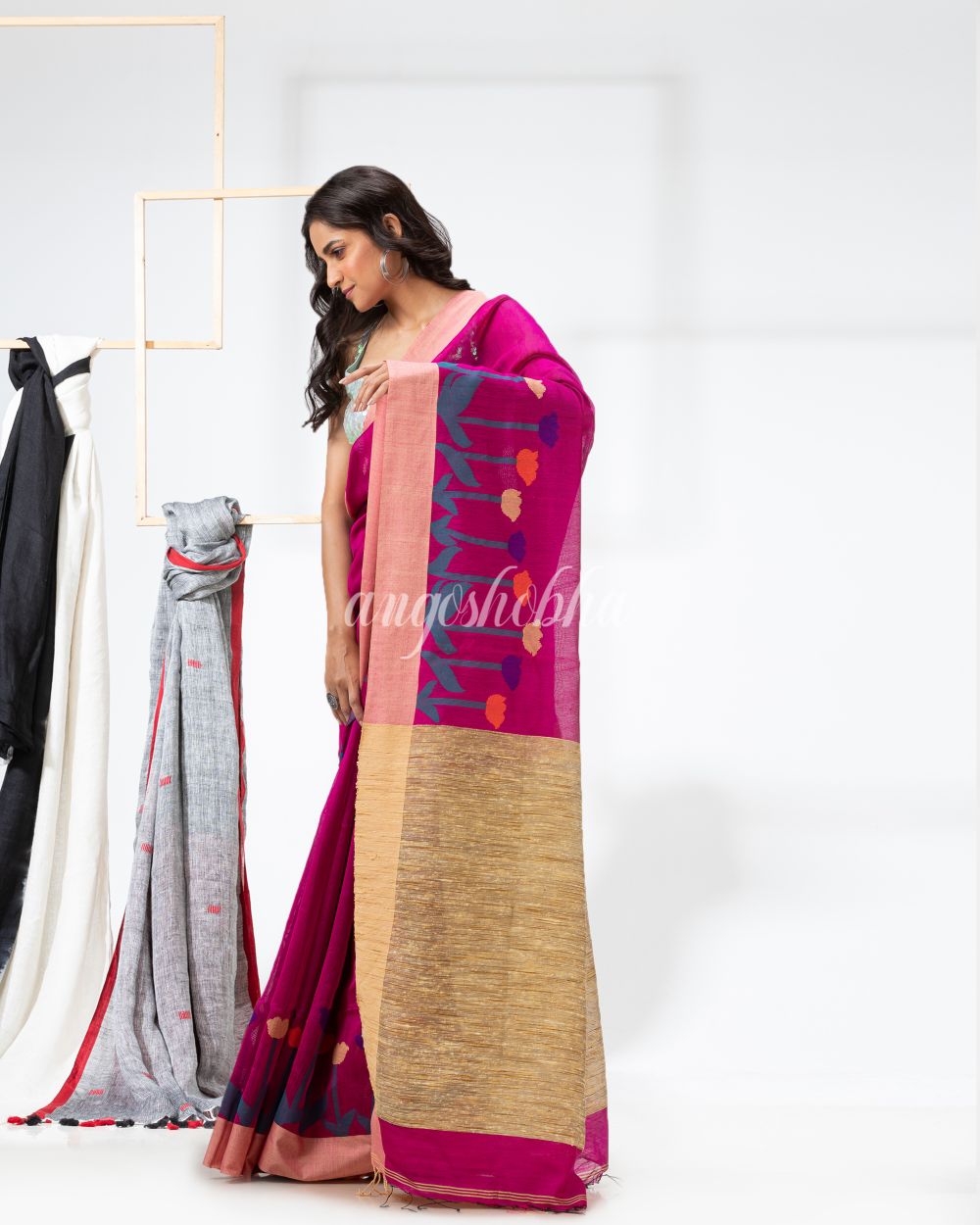 Rani Pink Cotton Blend Festive Jamdani Saree angoshobha