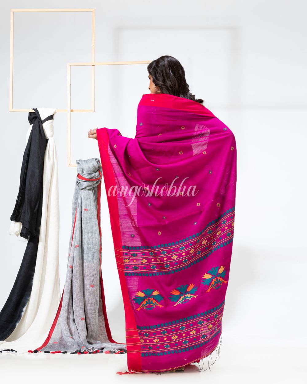 Rani Pink Cotton Blend Festive Jamdani Saree angoshobha
