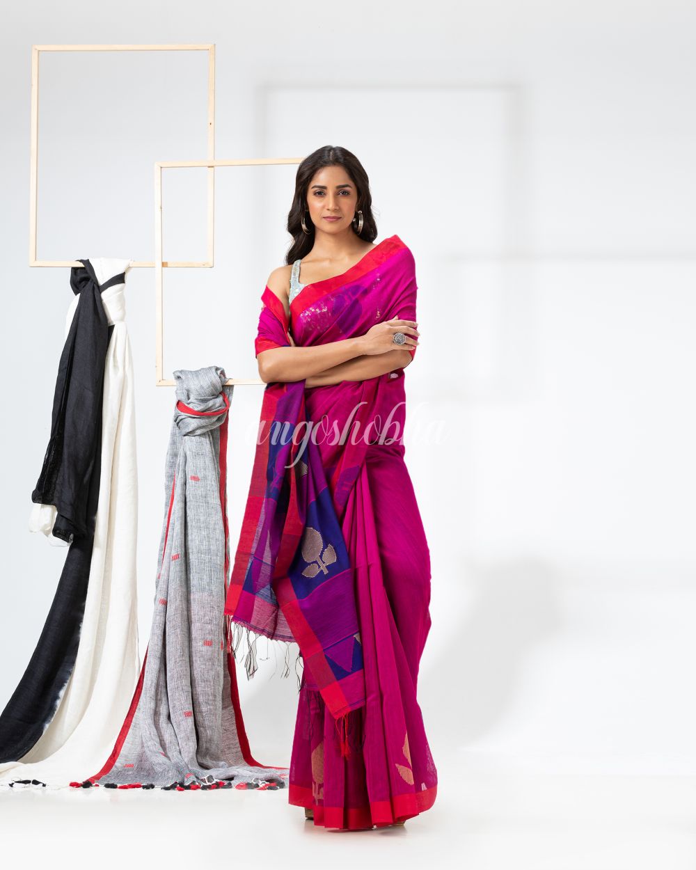 Rani Pink Cotton Blend Festive Jamdani Saree angoshobha