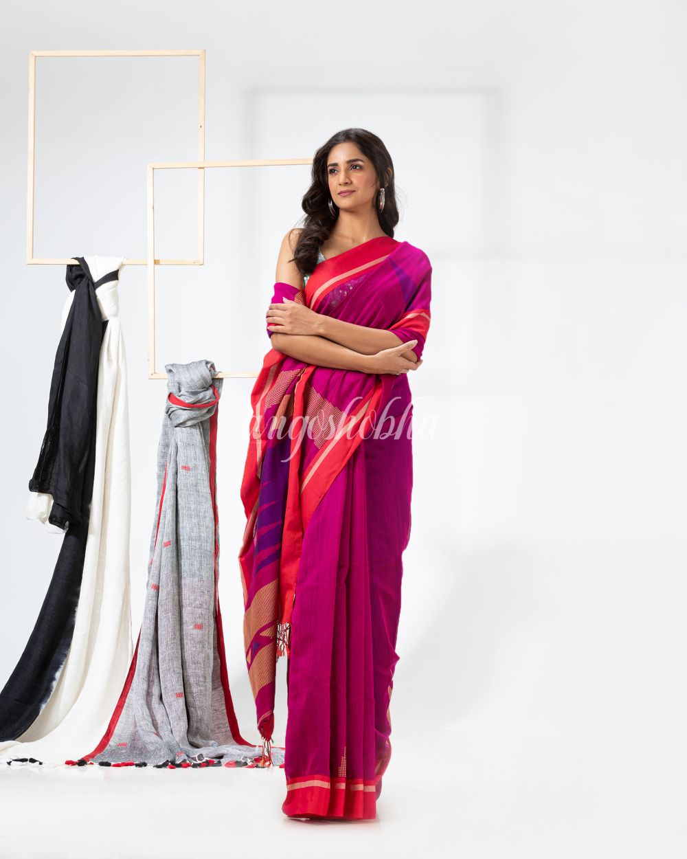Rani Pink Cotton Blend Festive Jamdani Saree angoshobha