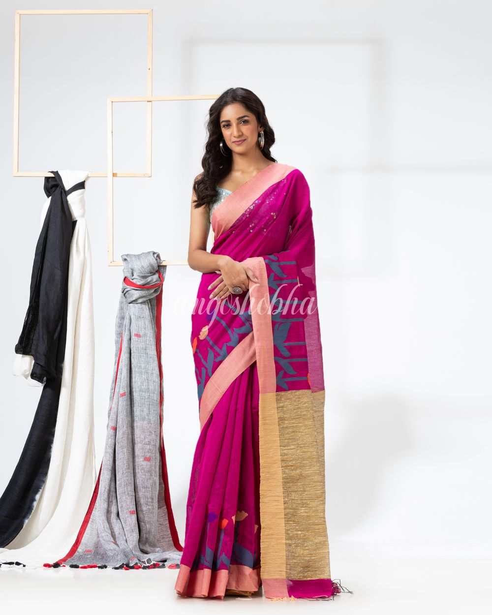 Rani Pink Cotton Blend Festive Jamdani Saree angoshobha
