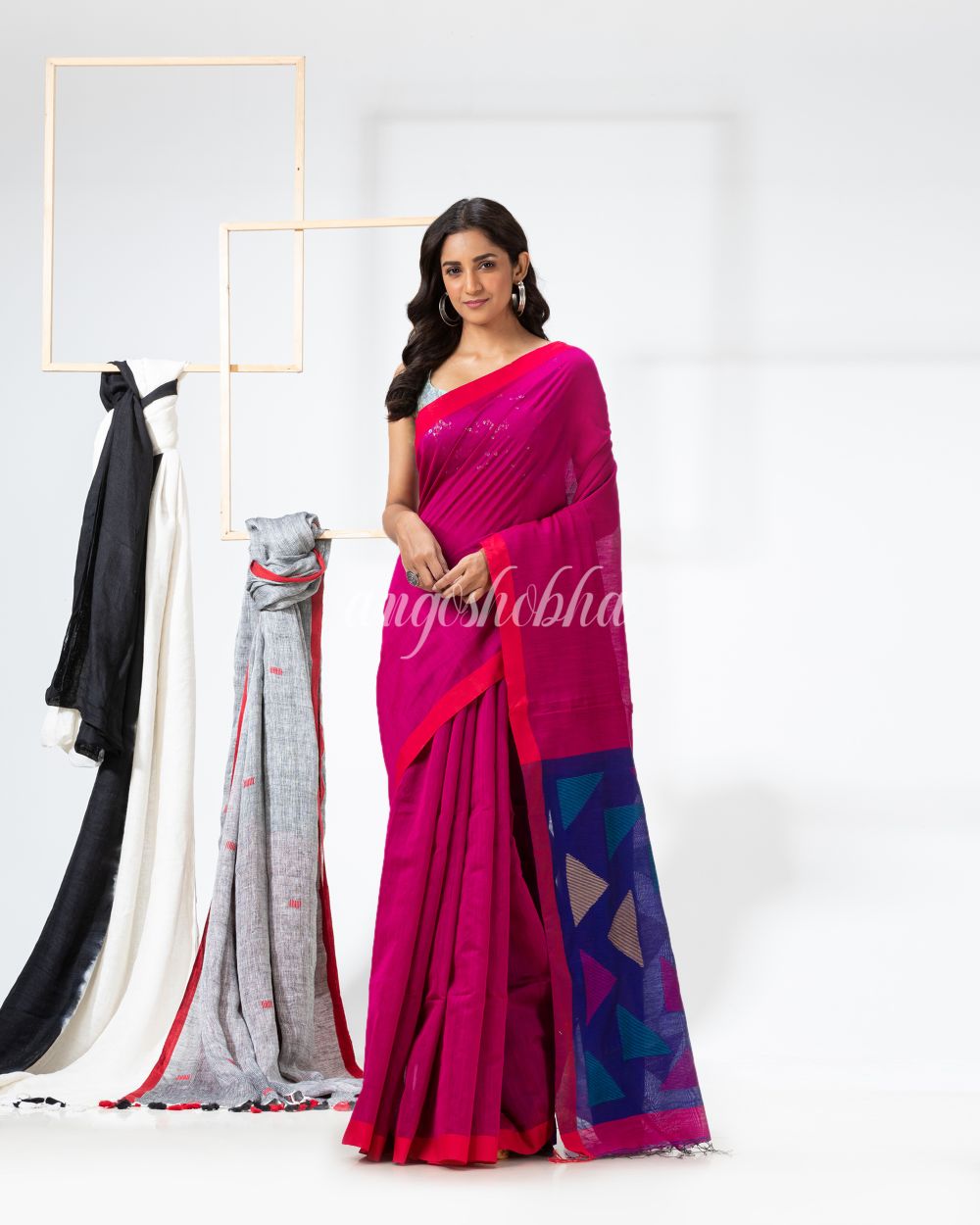 Rani Pink Cotton Blend Festive Jamdani Saree angoshobha