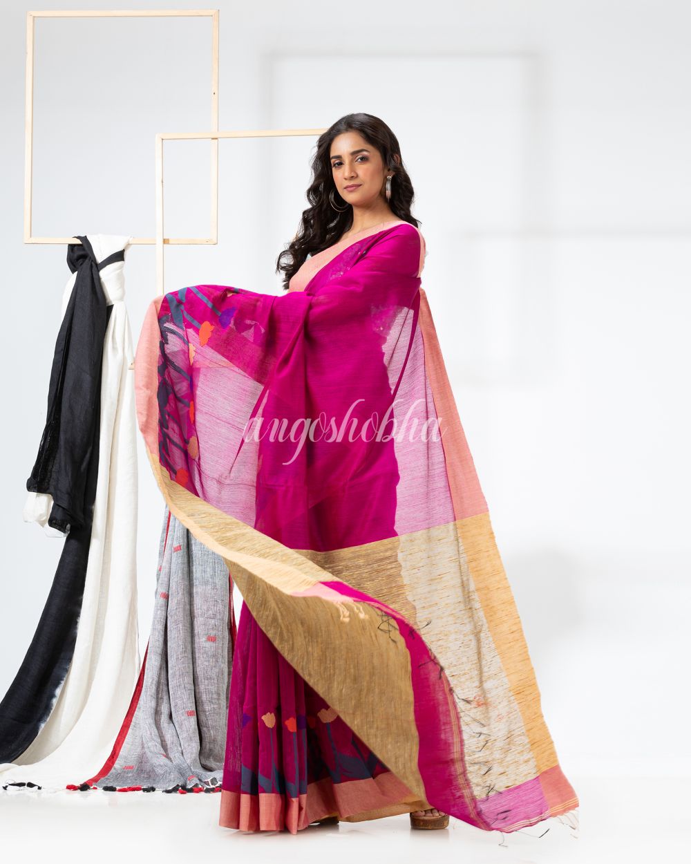 Rani Pink Cotton Blend Festive Jamdani Saree angoshobha