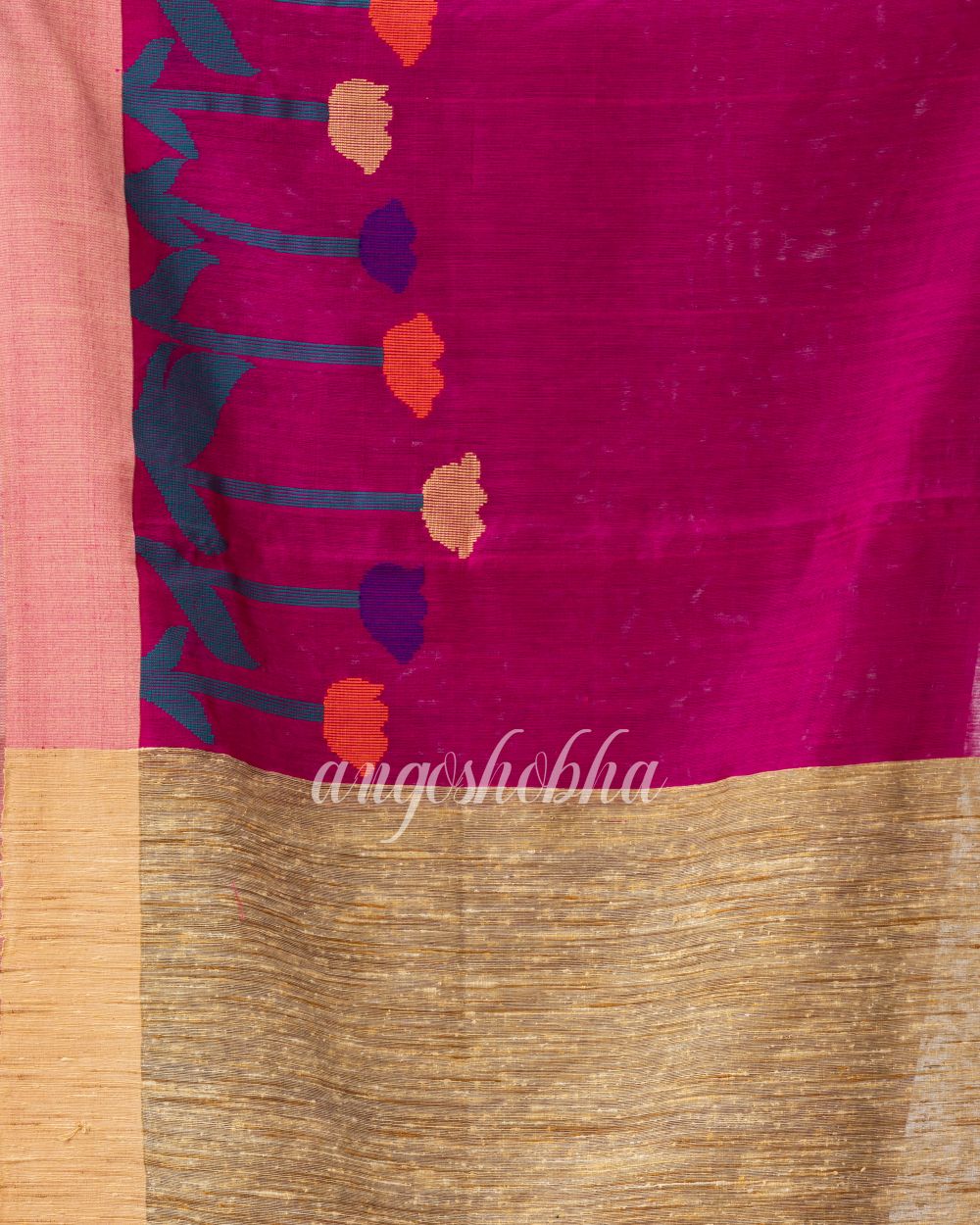Rani Pink Cotton Blend Festive Jamdani Saree angoshobha