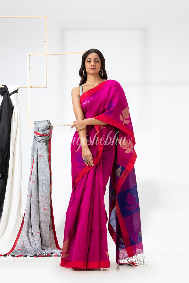 Rani Pink Cotton Blend Festive Jamdani Saree
