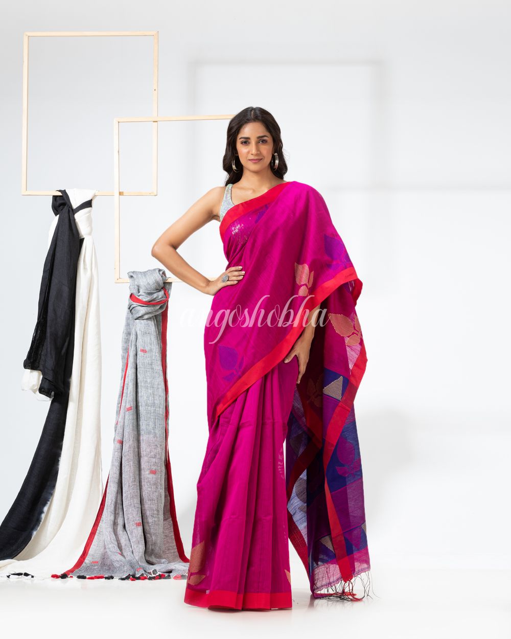 Rani Pink Cotton Blend Festive Jamdani Saree angoshobha