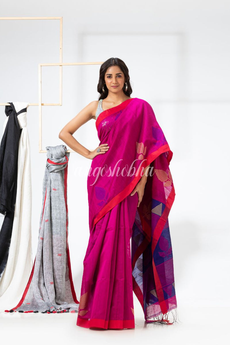 Rani Pink Cotton Blend Festive Jamdani Saree