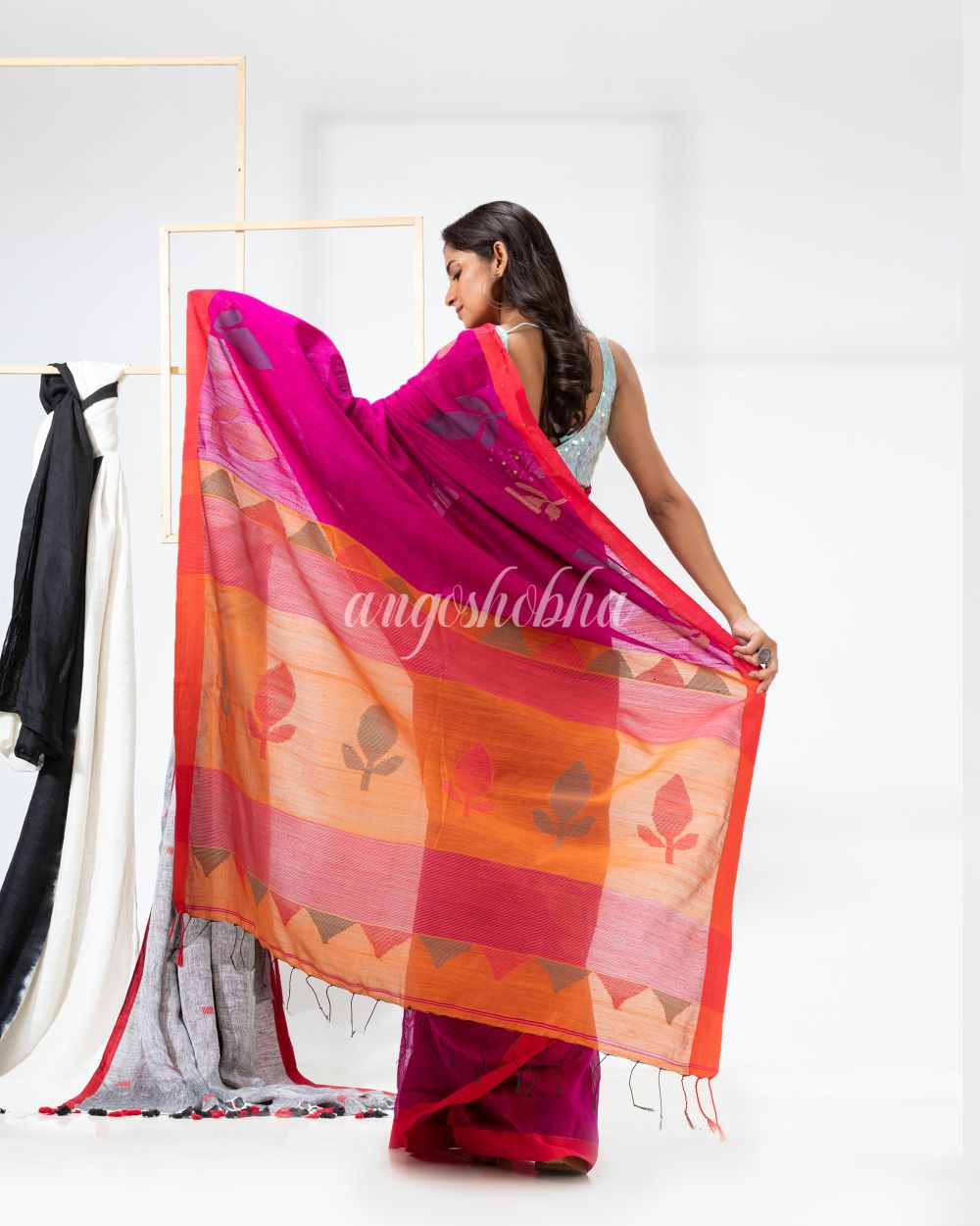 Rani Pink Cotton Blend Festive Jamdani Saree angoshobha