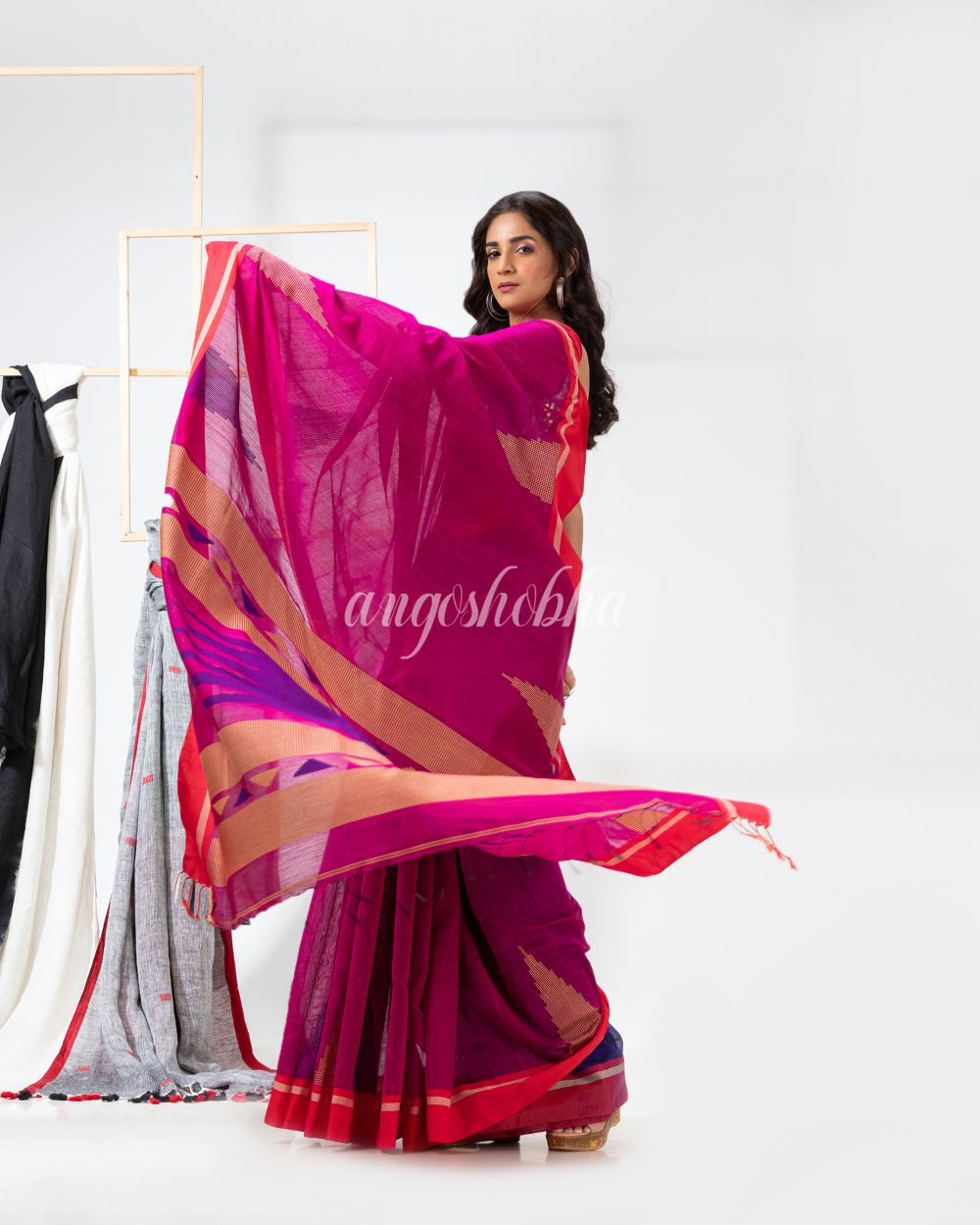 Rani Pink Cotton Blend Festive Jamdani Saree angoshobha