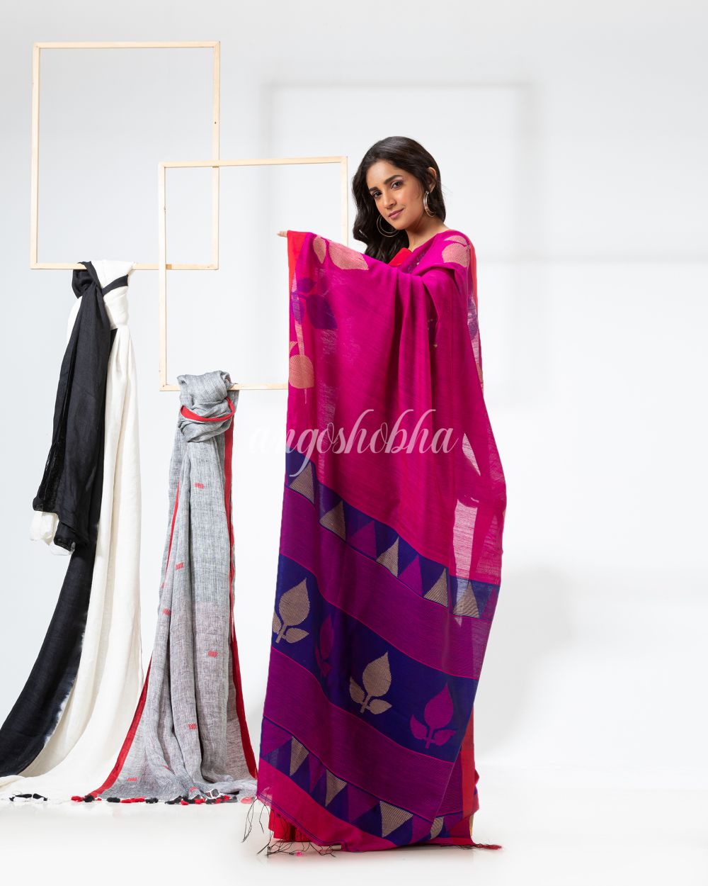 Rani Pink Cotton Blend Festive Jamdani Saree angoshobha