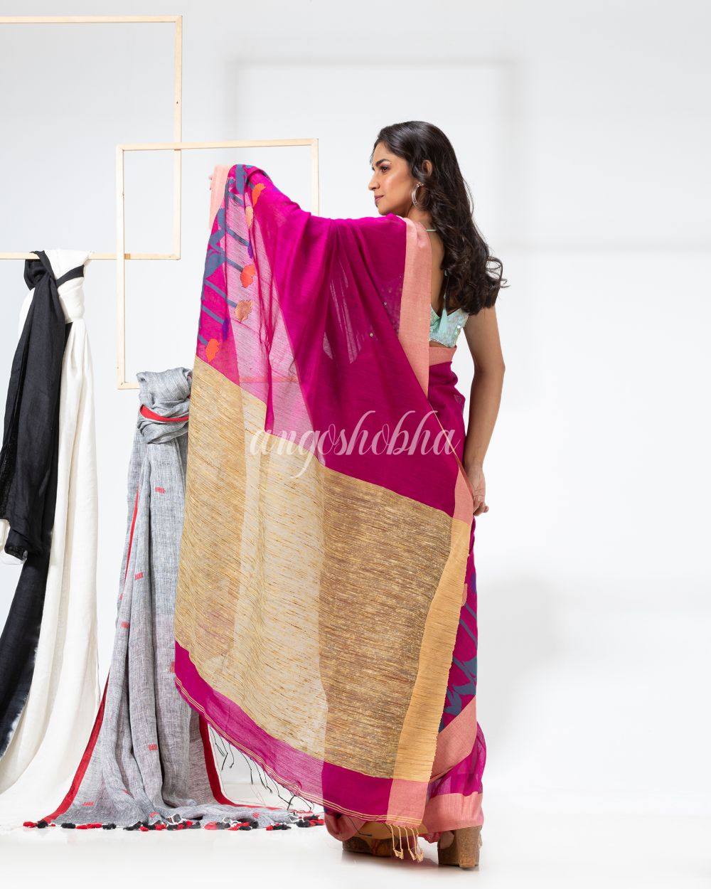 Rani Pink Cotton Blend Festive Jamdani Saree angoshobha