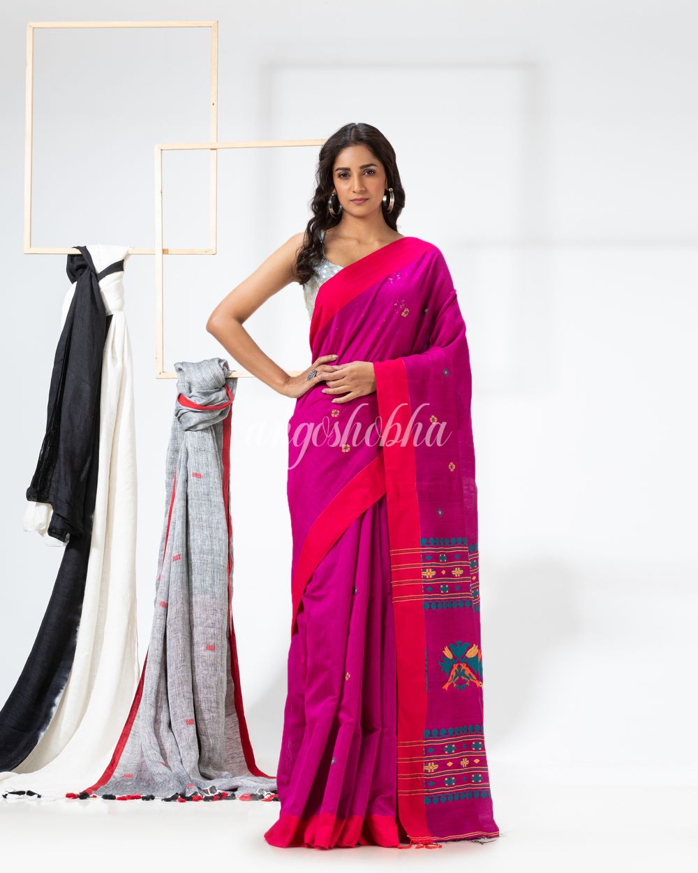 Rani Pink Cotton Blend Festive Jamdani Saree angoshobha