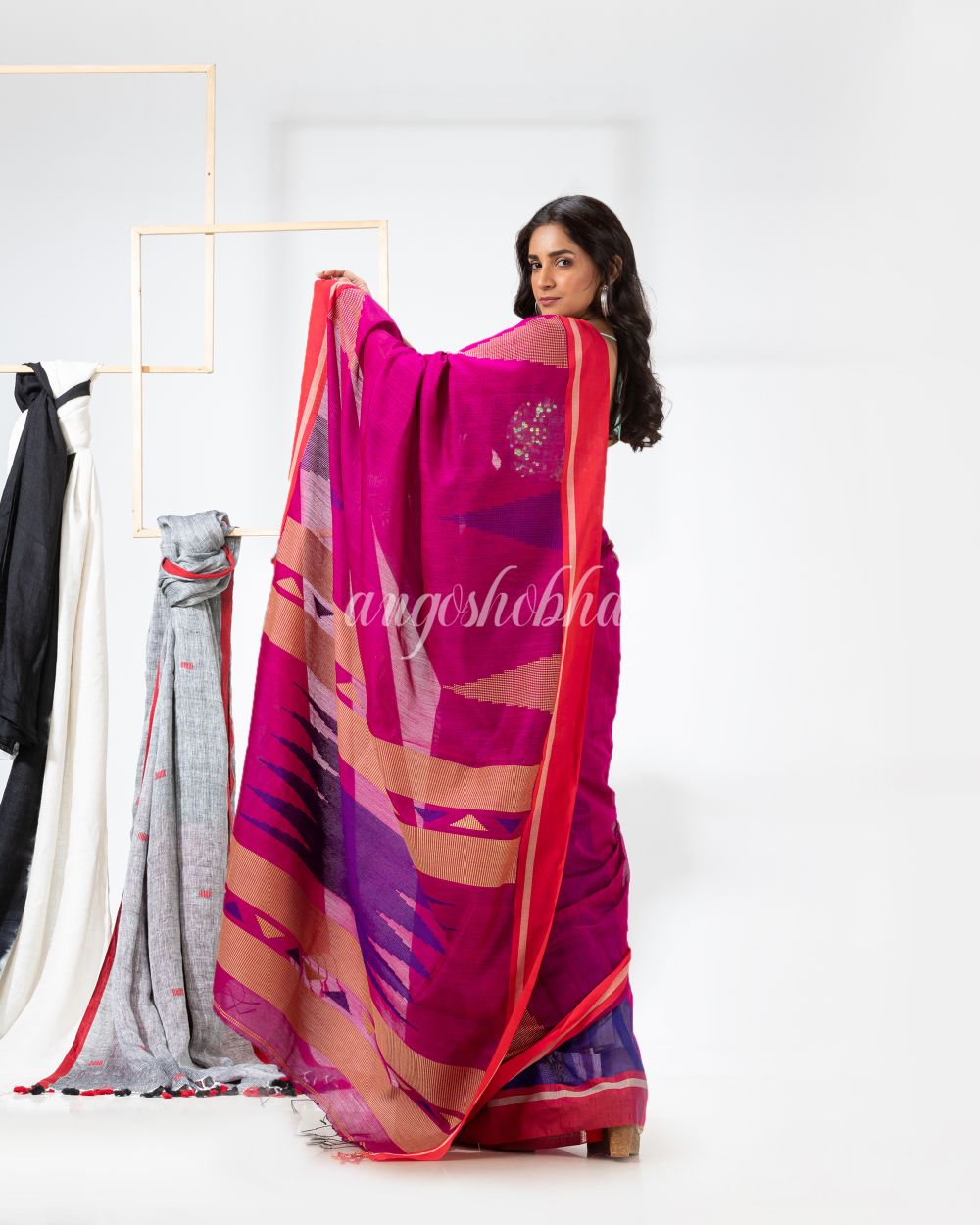 Rani Pink Cotton Blend Festive Jamdani Saree angoshobha