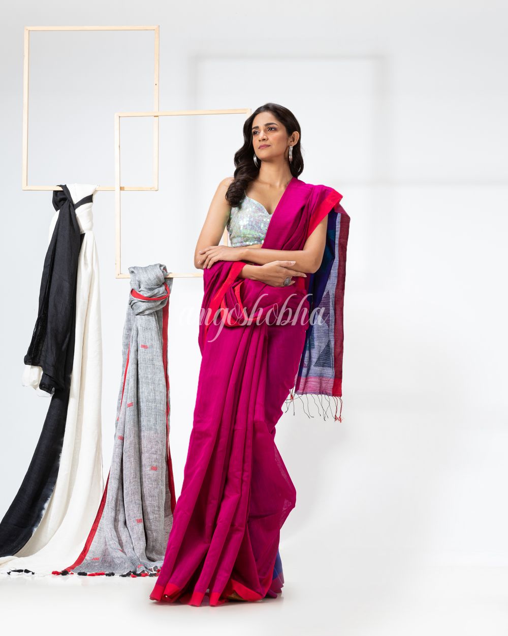 Rani Pink Cotton Blend Festive Jamdani Saree angoshobha