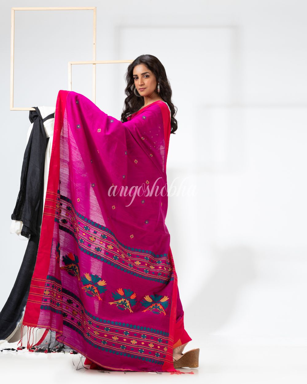 Rani Pink Cotton Blend Festive Jamdani Saree angoshobha