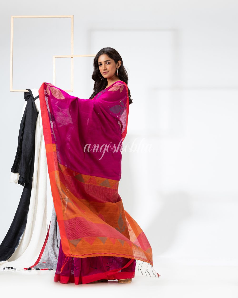 Rani Pink Cotton Blend Festive Jamdani Saree angoshobha