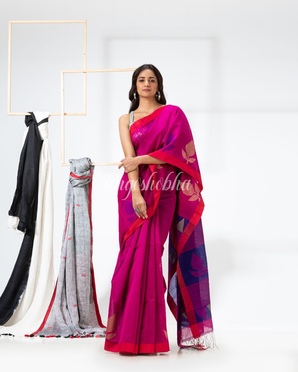 Rani Pink Cotton Blend Festive Jamdani Saree angoshobha
