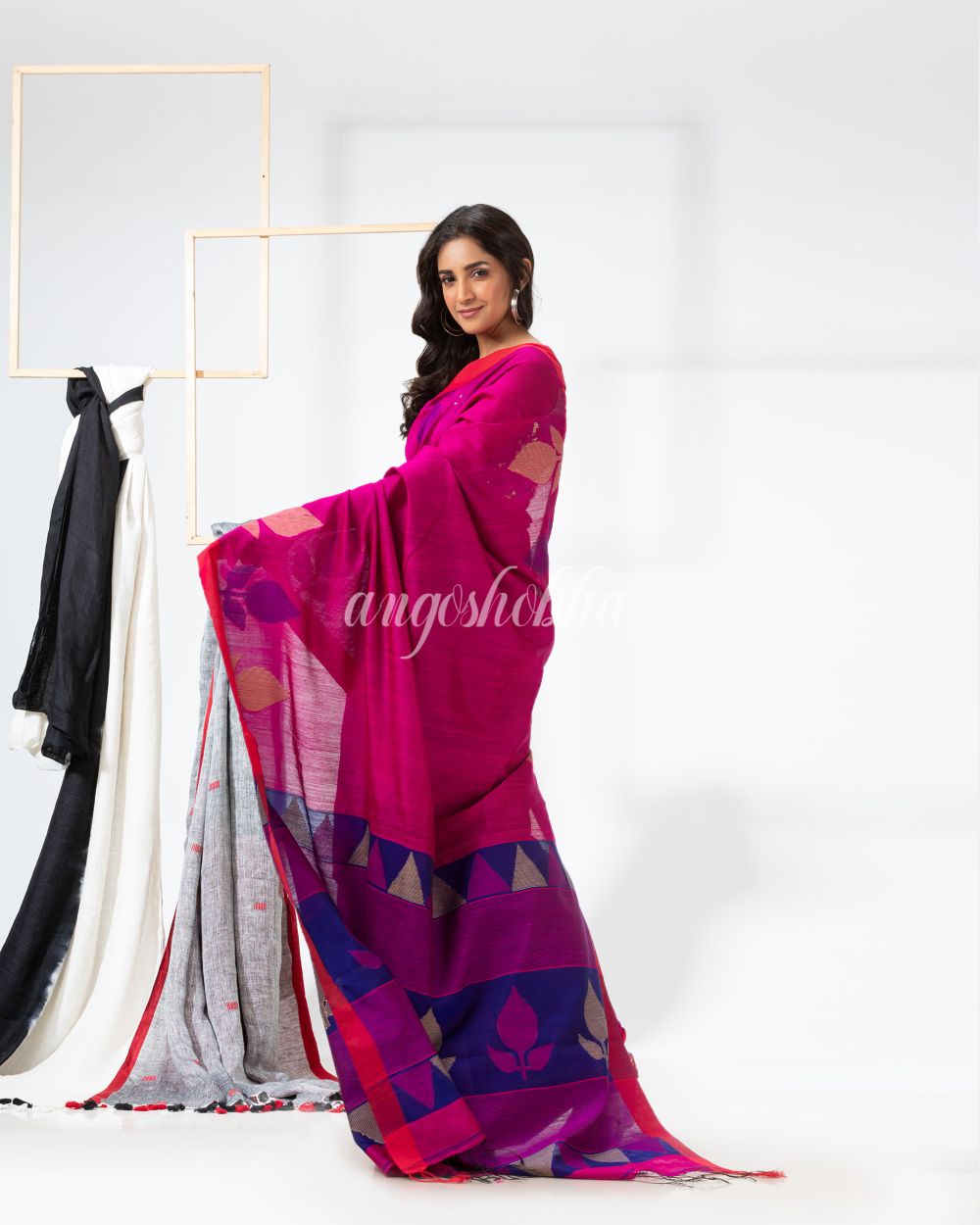 Rani Pink Cotton Blend Festive Jamdani Saree angoshobha