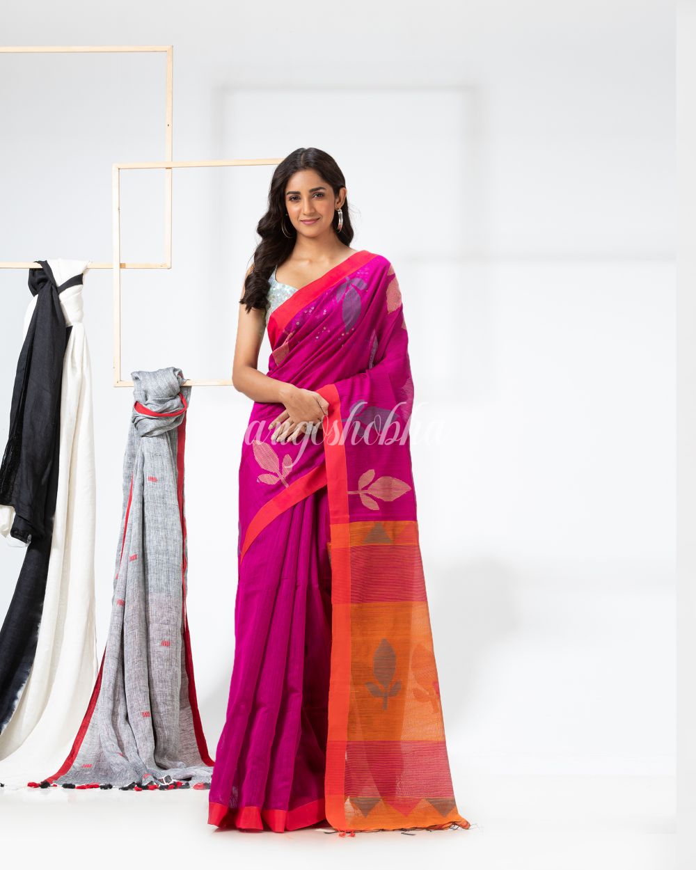 Rani Pink Cotton Blend Festive Jamdani Saree angoshobha