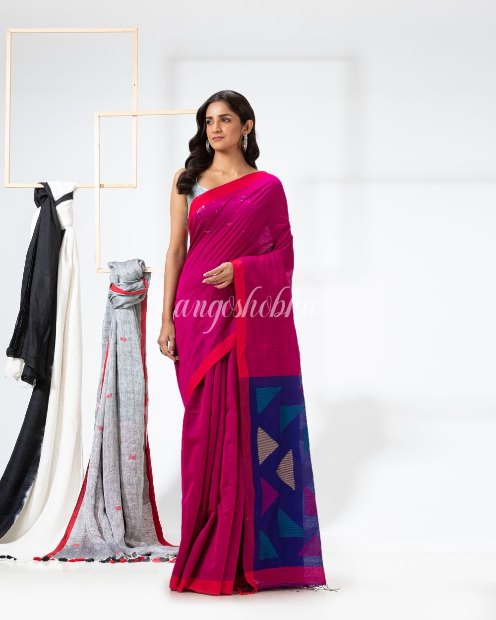 Rani Pink Cotton Blend Festive Jamdani Saree angoshobha