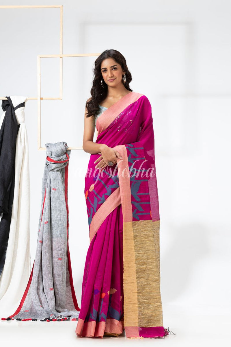 Rani Pink Cotton Blend Festive Jamdani Saree