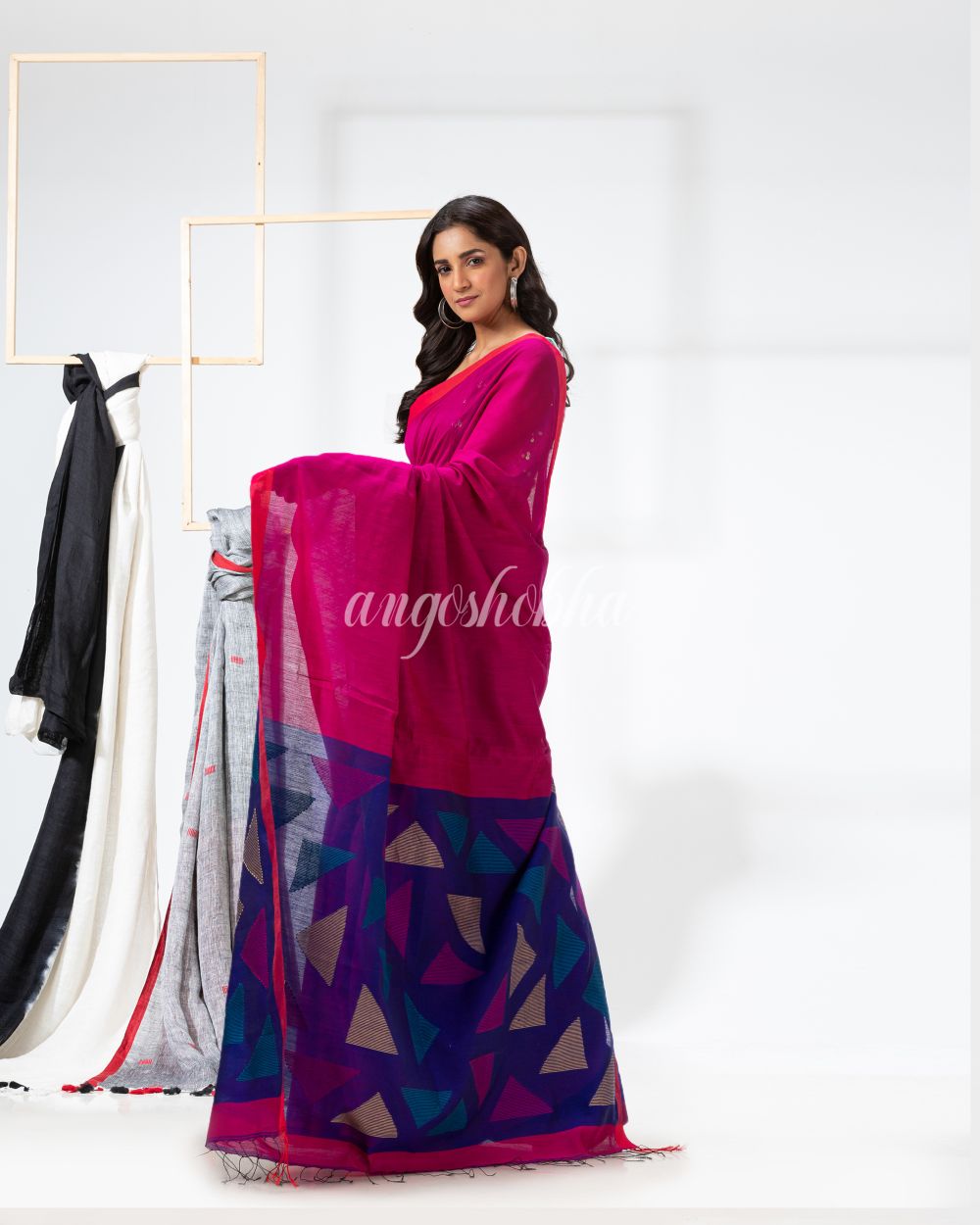 Rani Pink Cotton Blend Festive Jamdani Saree angoshobha
