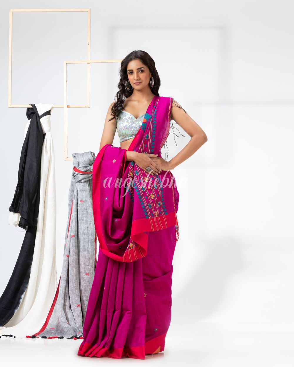 Rani Pink Cotton Blend Festive Jamdani Saree angoshobha
