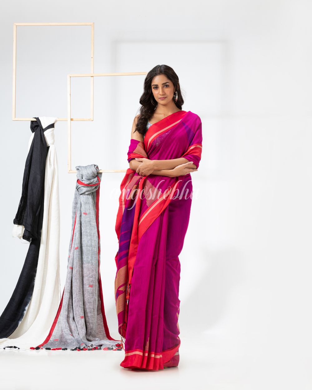 Rani Pink Cotton Blend Festive Jamdani Saree angoshobha