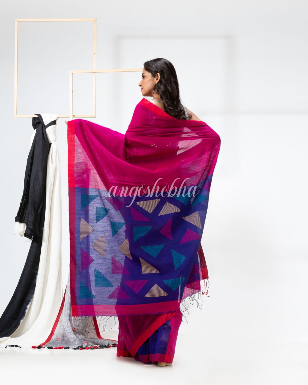 Rani Pink Cotton Blend Festive Jamdani Saree angoshobha