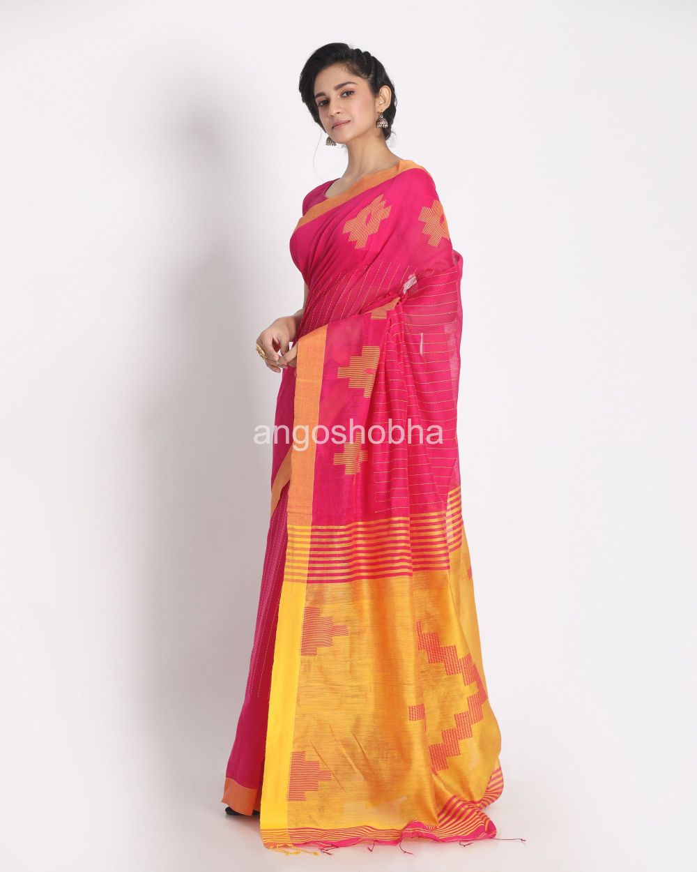 Rani Pink Cotton Blend Handloom Saree angoshobha