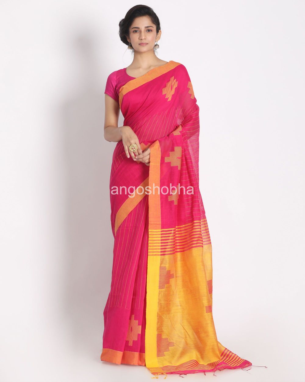 Rani Pink Cotton Blend Handloom Saree angoshobha