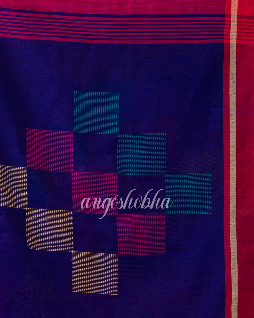 Rani Pink Cotton Blend Temple Border Jamdani Saree angoshobha