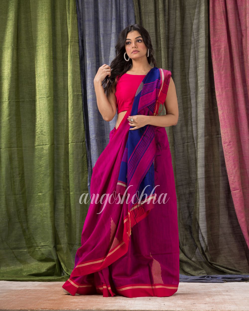 Rani Pink Cotton Blend Temple Border Jamdani Saree angoshobha